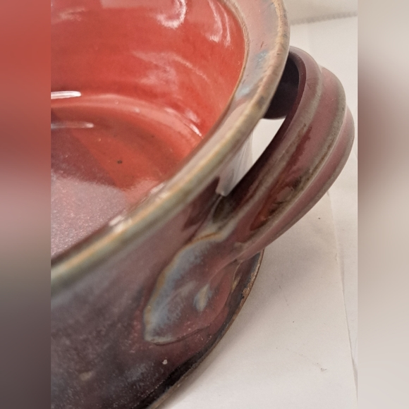 Vintage Stoneware Pottery Casserole Bowl Signed Brown Blue and Red.o - Picture 5 of 7